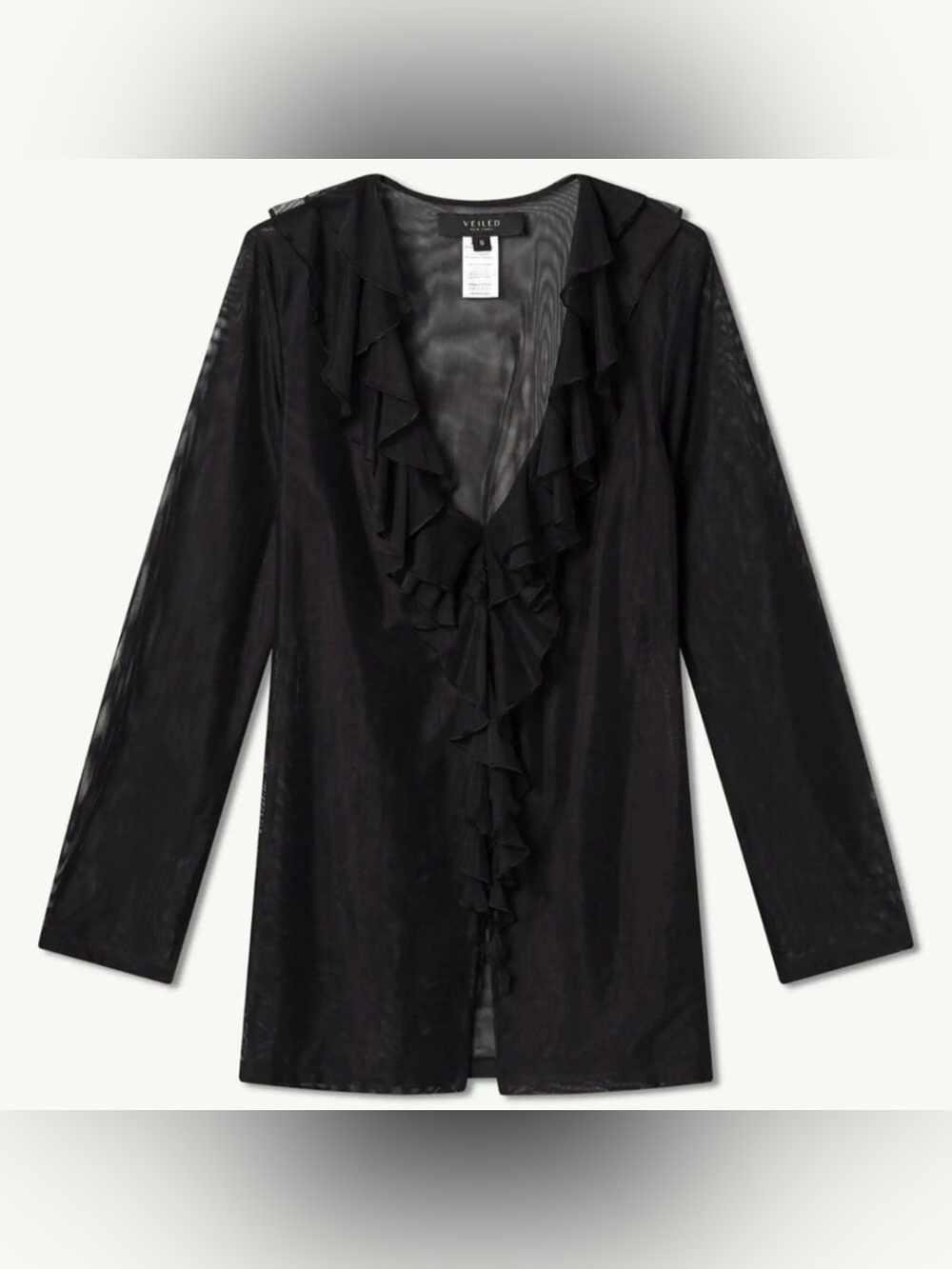 veiled collection mesh/sheer tie front ruffle top
